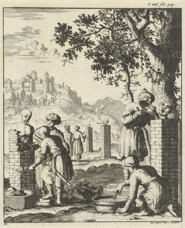 Thieves and swindlers punishment bricked, Jan Luyken, 1682