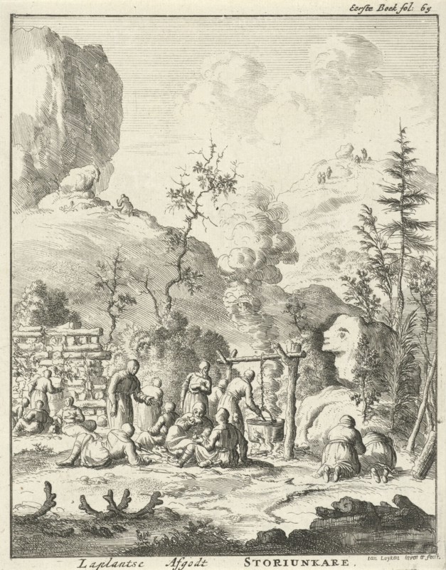 Laplanders worship the god Storiunkare, Lapland, print maker: Jan Luyken, Jan Claesz ten Hoorn, 1682