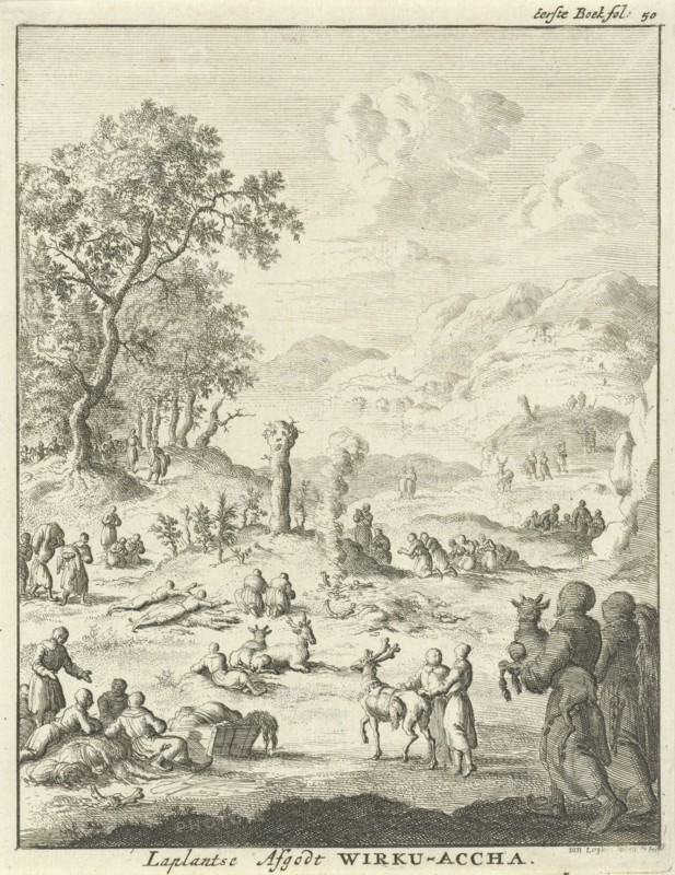 Laplanders worship the god Wirku Accha, Jan Luyken, 1682