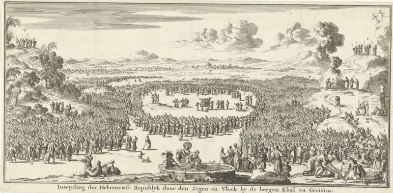 Israelites bring burnt offerings and sacrifices on Mount Ebal and Gerizim, print maker: Jan Luyken, Willem Goeree, 1683