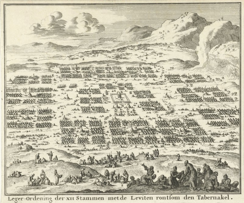 Tent Camps of the twelve tribes of Israel arranged around the tabernacle, Jan Luyken, Willem Goeree, 1683