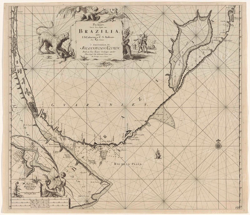 Sea chart of part of the coast of Brazil, Uruguay and Argentina, Jan Luyken, Claes Jansz Voogt, Johannes van Keulen I, 1683-1799