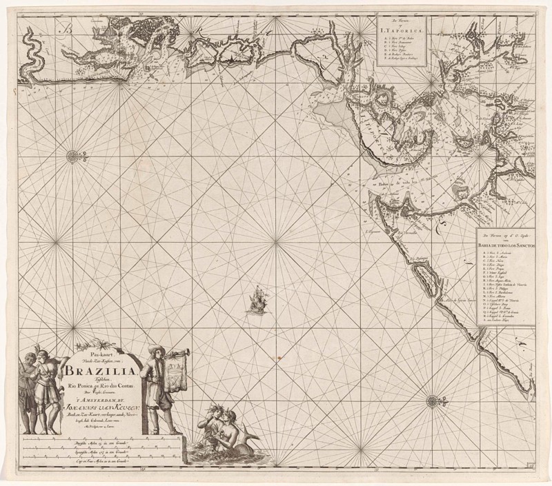 Sea chart of part of the coast of Brazil in the Most Holy Bay, Jan Luyken, Claes Jansz Voogt, Johannes van Keulen (I), 1683 - 1799