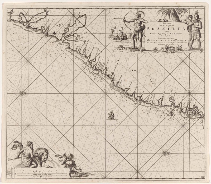 Sea chart of part of the east coast of Brazil, print maker: Jan Luyken, Claes Jansz Voogt, Johannes van Keulen I, 1683 - 1799