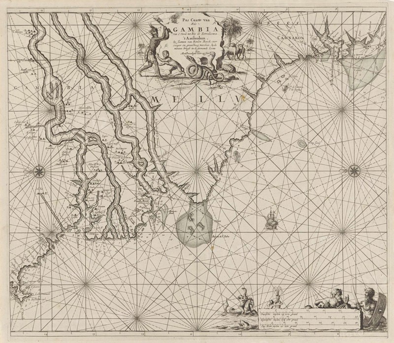Sea chart of the coast of Gambia and part of the coast of Senegal, Guinea and Sierra Leone, print maker: Jan Luyken, Johannes van Keulen I, unknown, 1683 - 1799