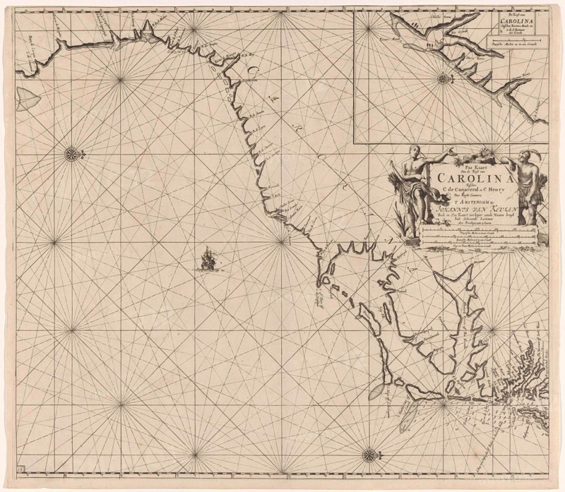 Sea chart of part of the east coast of the United States USA, print maker: Jan Luyken, Claes Jansz Voogt, Johannes van Keulen I, 1684 - 1799