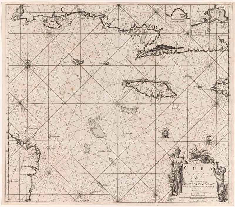 Sea chart of the south coast of Cuba and Jamaica, Jan Luyken, Claes Jansz Voogt, Johannes van Keulen (I), 1684 - 1799