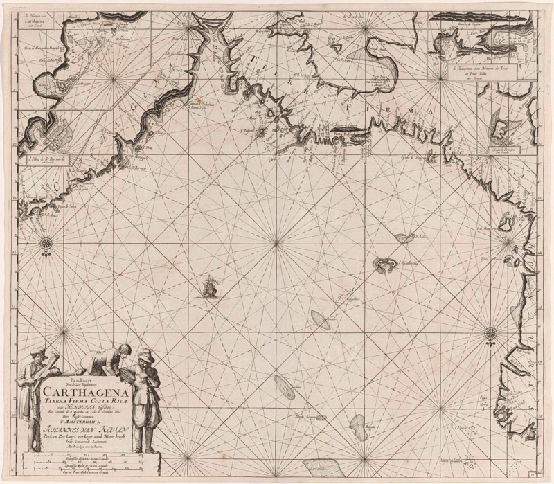 Sea chart of the coasts of Colombia, Panama, Costa Rica and Honduras, with an inset map of Cartagena, Jan Luyken, Claes Jansz Voogt, Johannes van Keulen (I), 1684 - 1799