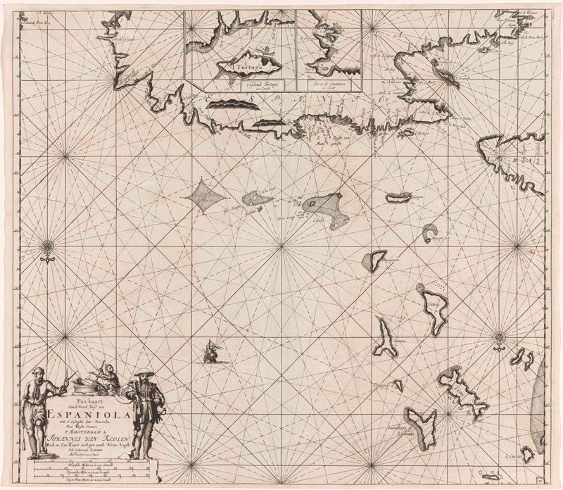 Sea chart of the north coast of Hispaniola, with two insert cards, print maker: Jan Luyken, Claes Jansz Voogt, Johannes van Keulen I, 1684 - 1799