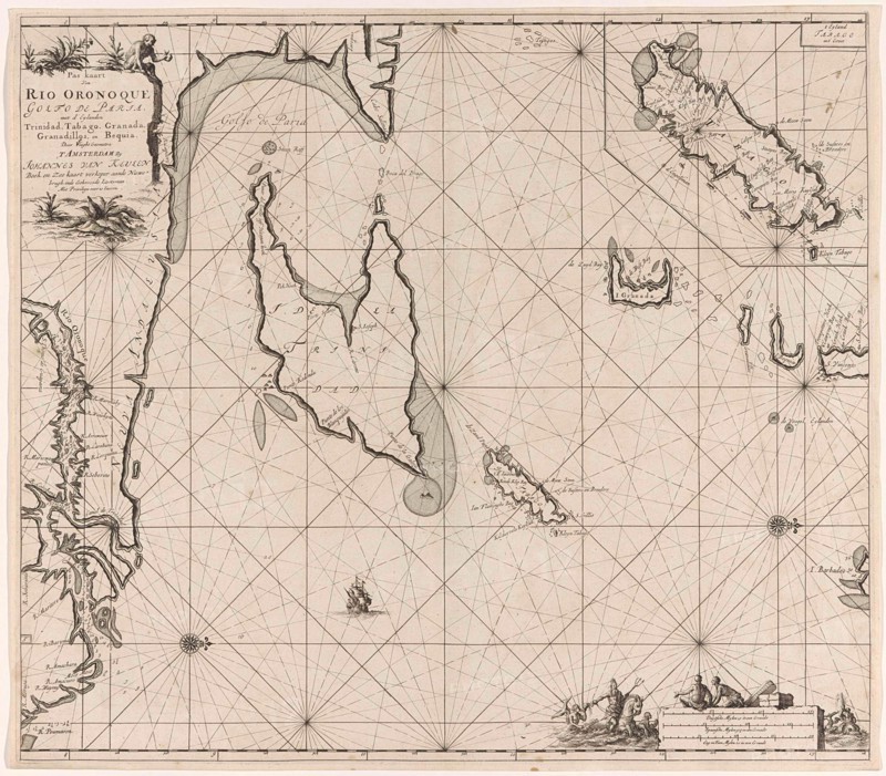 Sea chart of the Gulf of Paria to the mouth of the Orinoco river, Orinoquia, Venezuela, Jan Luyken, Claes Jansz Voogt, Johannes van Keulen I, 1684-1799