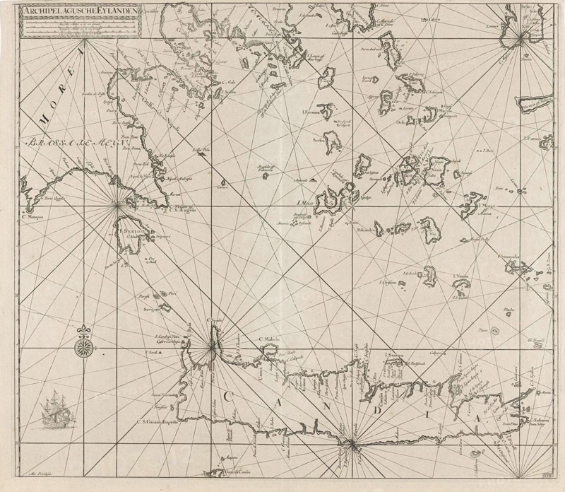Sea chart of the southern part of the Aegean Crete, Anonymous, Johannes van Keulen (I), unknown, 1682 - 1803