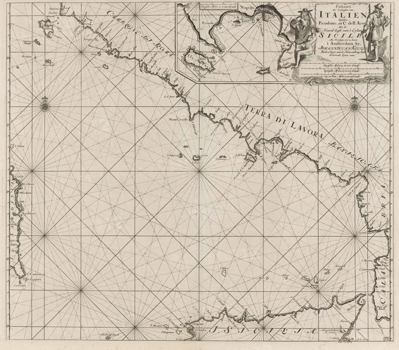 Sea chart of part of the southwest coast of Italy and the north coast of Sicily, print maker: Anonymous, 1682 - 1803