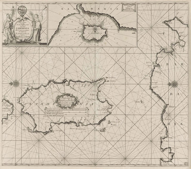 Sea chart of the island of Sardinia and part of the coast of North Africa, Anonymous, Johannes van Keulen (I), unknown, 1682 - 1803