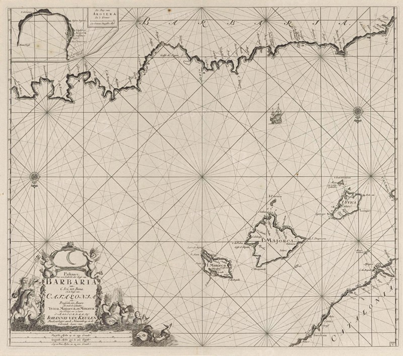 Sea chart of a part of the Mediterranean Sea with the coasts of Spain and Algeria, Anonymous, Johannes van Keulen (I), unknown, 1682 - 1803