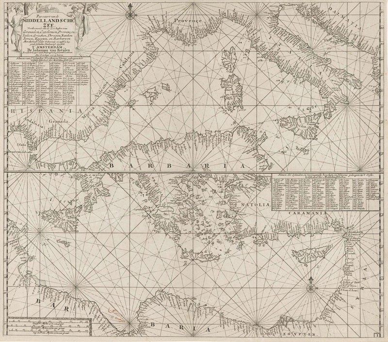 the Mediterranean Sea Map with over the western and the eastern part under, Anonymous, Johannes van Keulen (I), unknown, 1682 - 1803