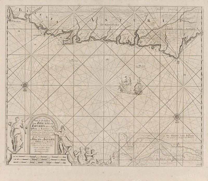 Sea chart of a portion of the Bay of Biscay in Bilbao, Anonymous, Claes Jansz Voogt, Johannes van Keulen (II), 1734 - 1803