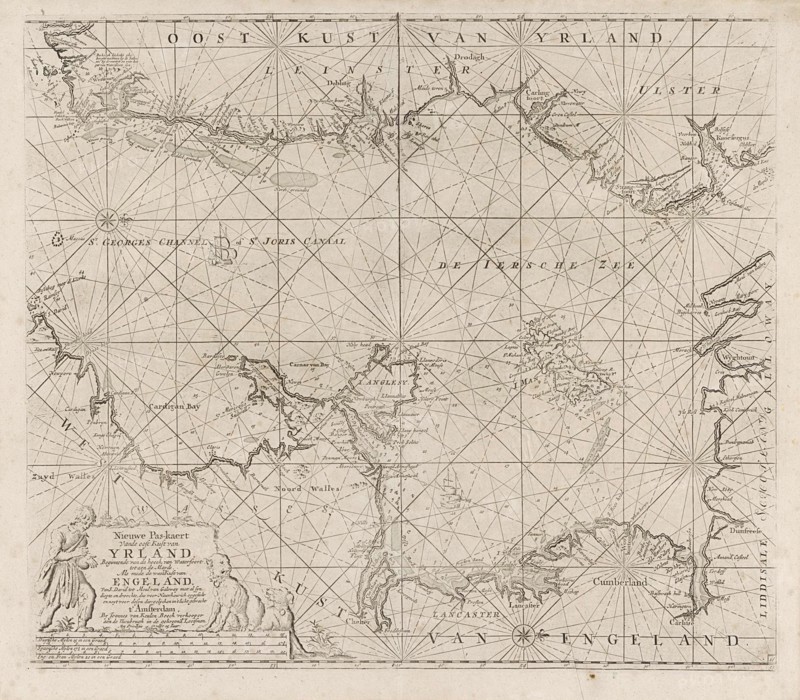 Sea chart of part of the Irish Sea between Ireland and Britain, and the St George's Channel, with two compass roses, the North is to the right, on the scale are two dogs and a shepherd, Jan Luyken, Dating 1681 - 1803
