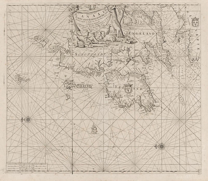 Sea chart of the coast of Ireland, Scotland, England and France, Jan Luyken, Anonymous, Johannes van Keulen (I), 1681 - 1803