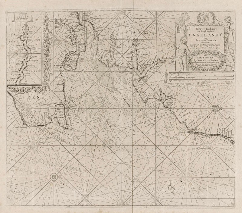 Sea chart of part of the east coast of England at the mouth of the Thames, Jan Luyken, Anonymous, Johannes van Keulen (I), 1681 - 1803