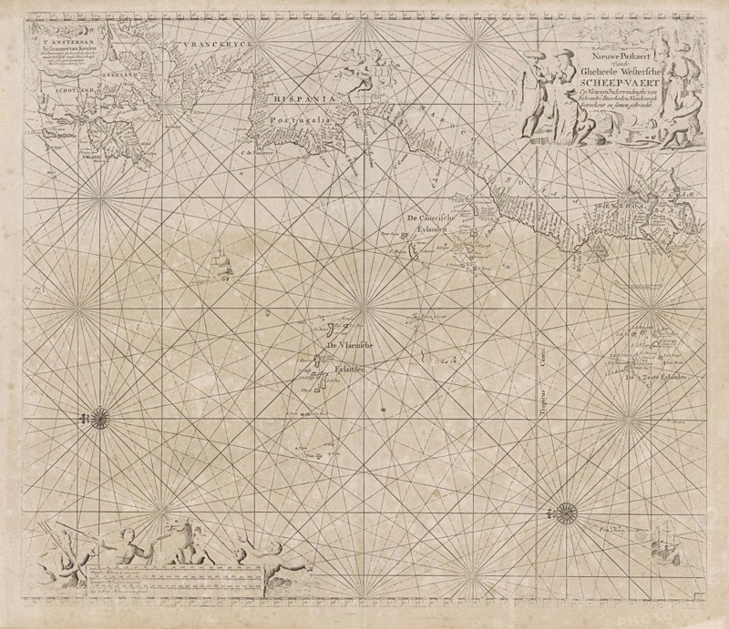 Sea chart of the Atlantic Ocean to the west coast of Europe and parts of Africa, Jan Luyken, Johannes van Keulen I, unknown, 1681-1803