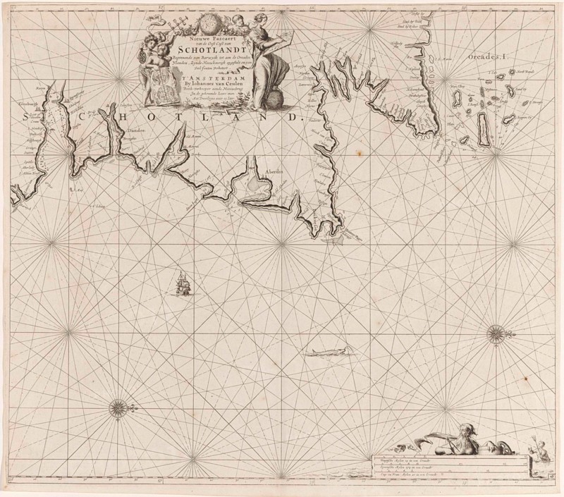 Sea chart of part of north east coast of Scotland and the Orkney Islands, Jan Luyken, Johannes van Keulen I, unknown, 1681-1799