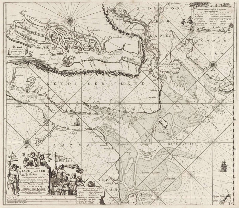 Sea chart of part of the Elbe, the Weser and Jadebusen, Jan Luyken, Johannes van Keulen I, unknown, 1681 - 1799