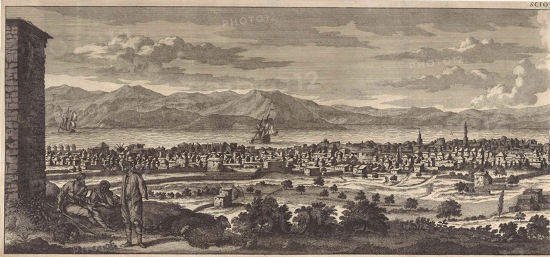 View of the city, on the island of Chios (left panel), Jan Luyken, Pieter Schenk (I), Cornelis de Bruyn, 1698