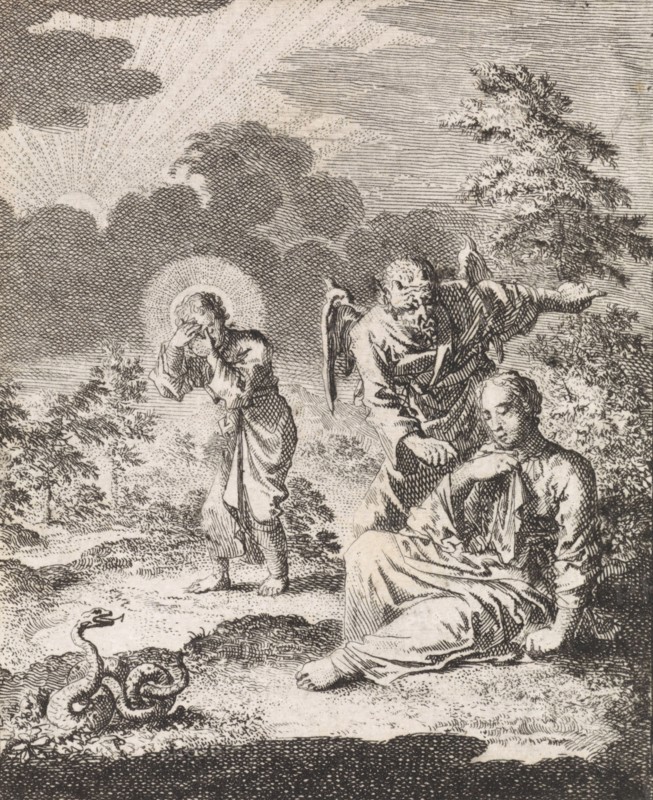 Devil asks the personified soul to leave Christ, Jan Luyken, 1714