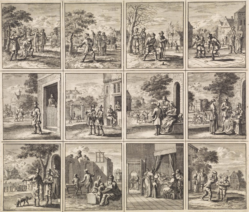 Twelve pictures from 'Des menschen begin, midden en einde', print maker: Jan Luyken, wed. Pieter Arentsz II, Cornelis van der Sys, 1712