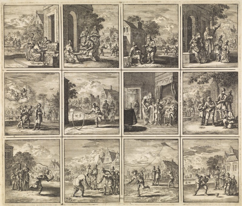 Twelve pictures from 'Des menschen begin, midden en einde', Jan Luyken, wed. Pieter Arentsz (II), Cornelis van der Sys, 1712