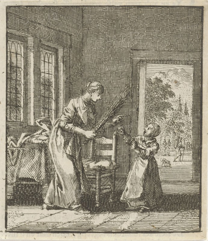 Mother threatens to punish her child with rod blows, Jan Luyken, wed. Pieter Arentsz (II), Cornelis van der Sys, 1712