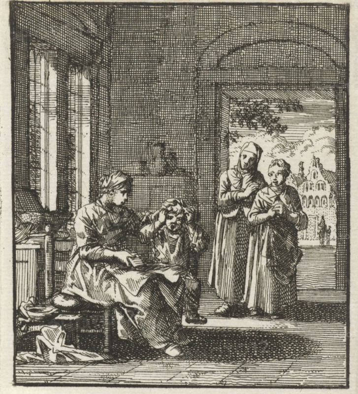 Mother combing the hair of her child, Jan Luyken, 1712