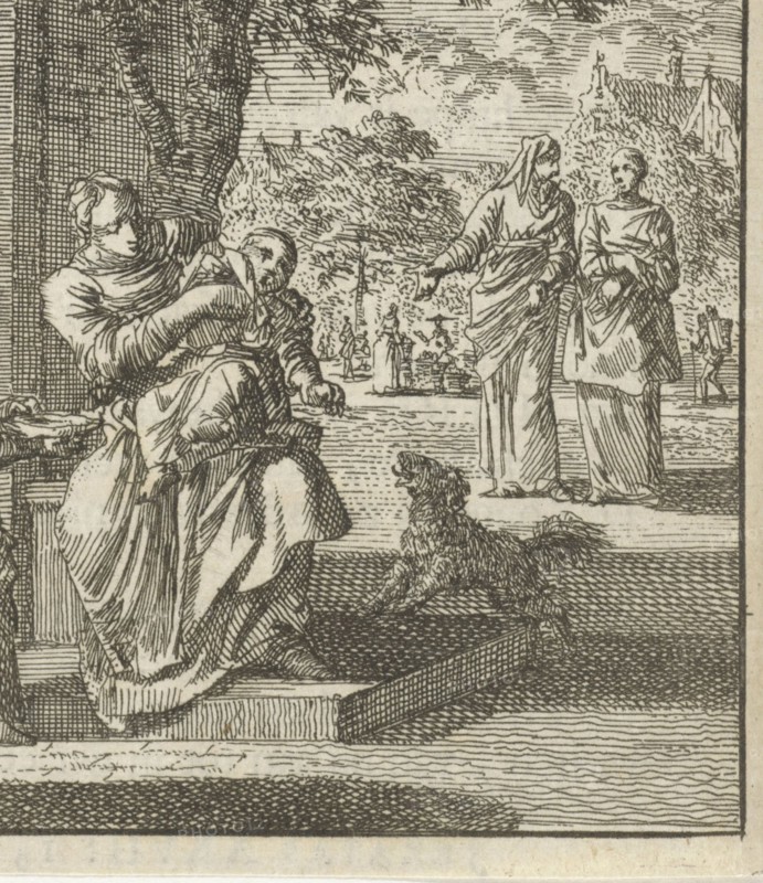 Mother washes her child on the sidewalk in front of the house, Jan Luyken, wed. Pieter Arentsz (II), Cornelis van der Sys, 1712