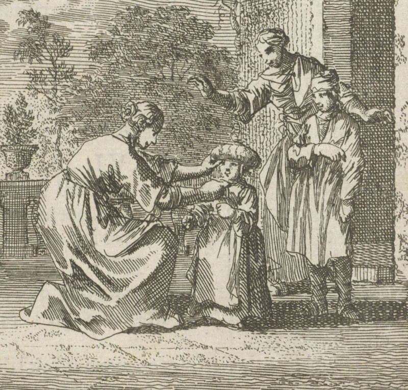 Child is given protective headgear in the garden, Jan Luyken, wed. Pieter Arentsz (II), Cornelis van der Sys, 1712