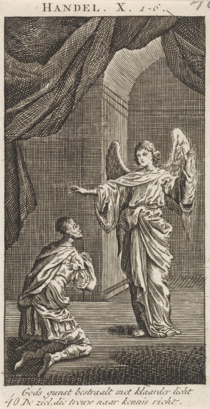 Cornelius kneels before the angel sent to him, Jan Luyken, Anonymous, 1712