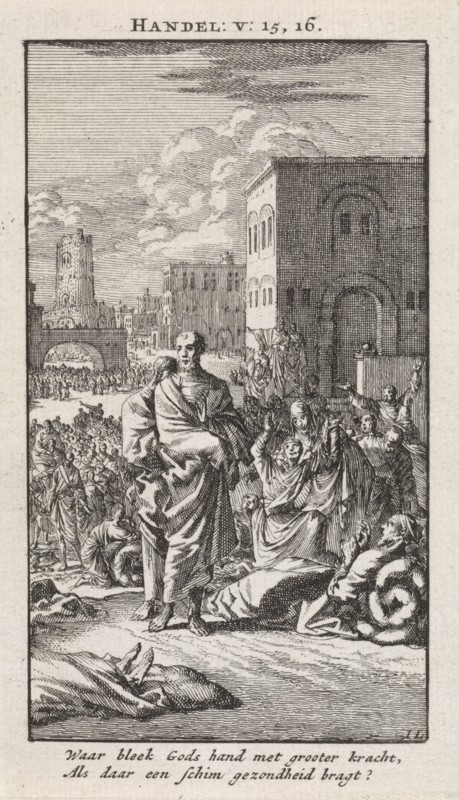 Peter and John among the sick, print maker: Jan Luyken, wed. Pieter Arentsz & Cornelis van der Sys II, 1712