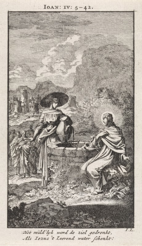 Christ and the Samaritan woman at the well, print maker: Jan Luyken, wed. Pieter Arentsz & Cornelis van der Sys II, 1712