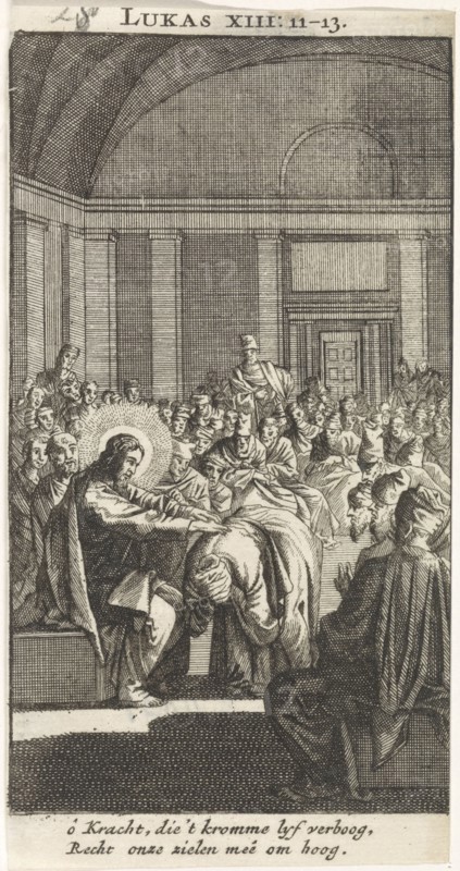 Christ puts his hand on a woman, Jan Luyken, Anonymous, 1712