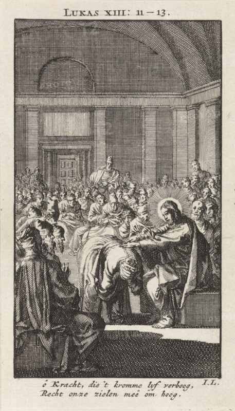 Christ puts his hand on a woman, Jan Luyken, wed. Pieter Arentsz & Cornelis van der Sys (II), 1712