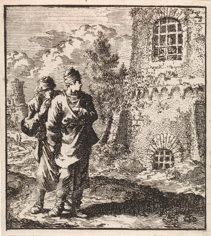 Two travelers watching a man behind the bars of a prison, print maker: Jan Luyken, wed. Pieter Arentsz & Cornelis van der Sys II, 1711