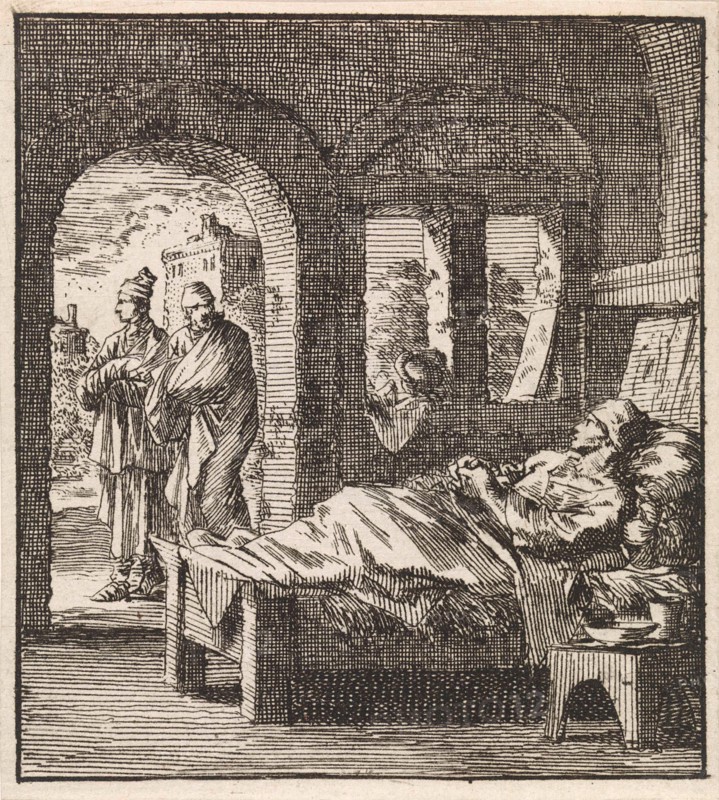 Sick man is lonely in bed while outside two men walking past, print maker: Jan Luyken, wed. Pieter Arentsz & Cornelis van der Sys II, 1711