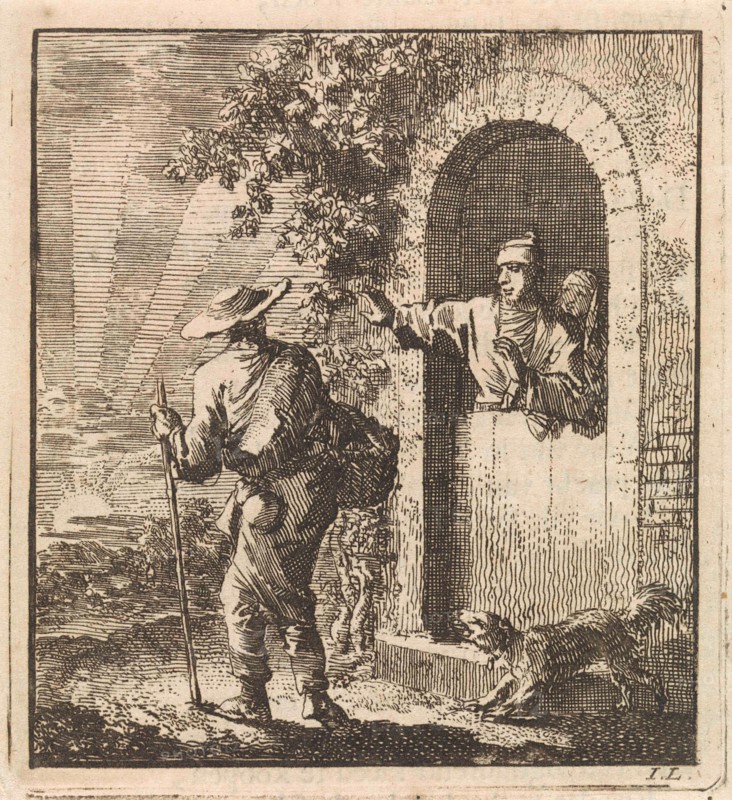 Men in a doorway gesturing a weary traveler to continue, Jan Luyken, wed. Pieter Arentsz & Cornelis van der Sys (II), 1711