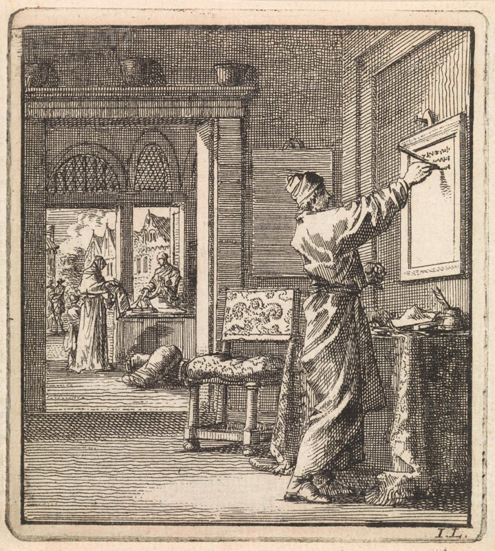 Man writing from right to left on a slate wall, Jan Luyken, wed. Pieter Arentsz & Cornelis van der Sys (II), 1711