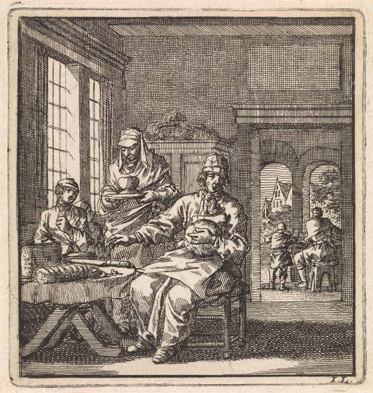 Figures at a table on which a loaf of bread and a knife can be seen, print maker: Jan Luyken, wed. Pieter Arentsz & Cornelis van der Sys II, 1711