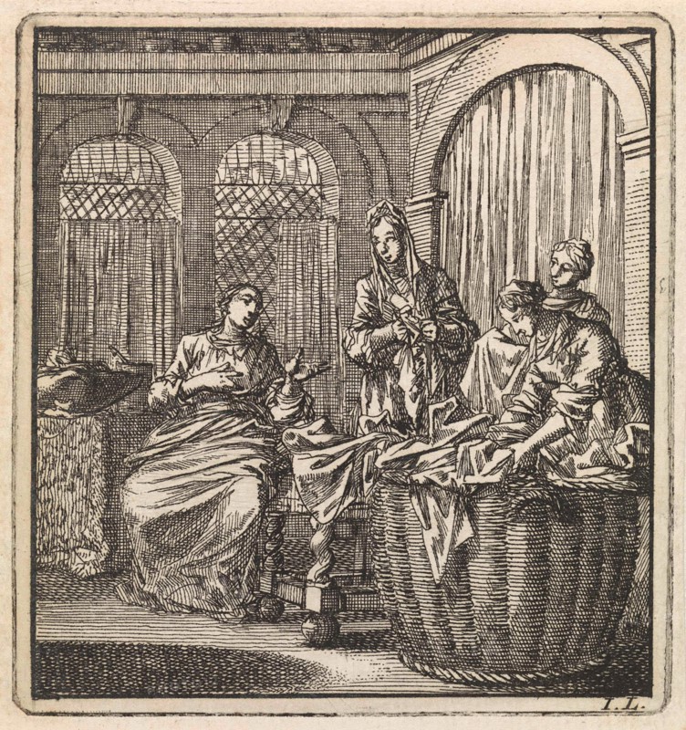 Four women next to a laundry basket, Jan Luyken, wed. Pieter Arentsz & Cornelis van der Sys (II), 1711