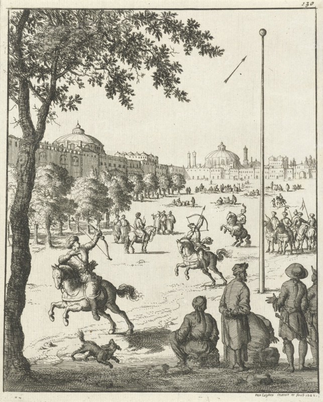 Persians on horseback practicing with bow and arrow, Pieter Jansz, 1651