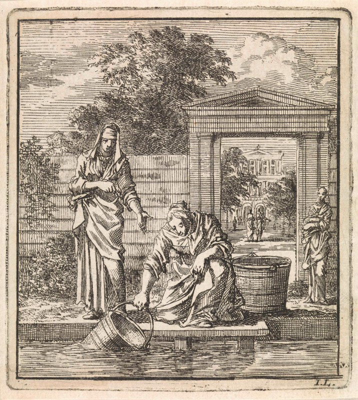 A woman fills a bucket of water on a jetty, Jan Luyken, wed. Pieter Arentsz, Cornelis van der Sys II, 1711