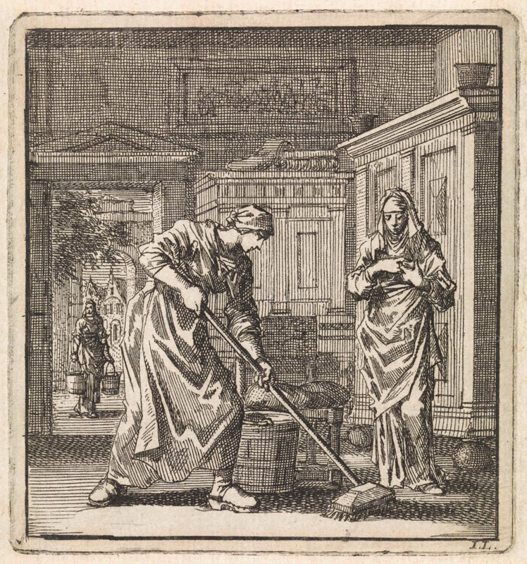 Female scrubs the floor with a scrubbing brush, print maker: Jan Luyken, wed. Pieter Arentsz & Cornelis van der Sys II, 1711