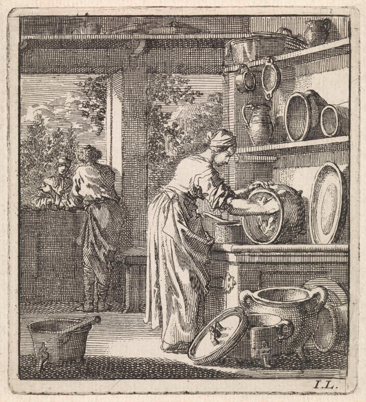 Woman cleans a pot, Jan Luyken, wed. Pieter Arentsz & Cornelis van der Sys (II), 1711