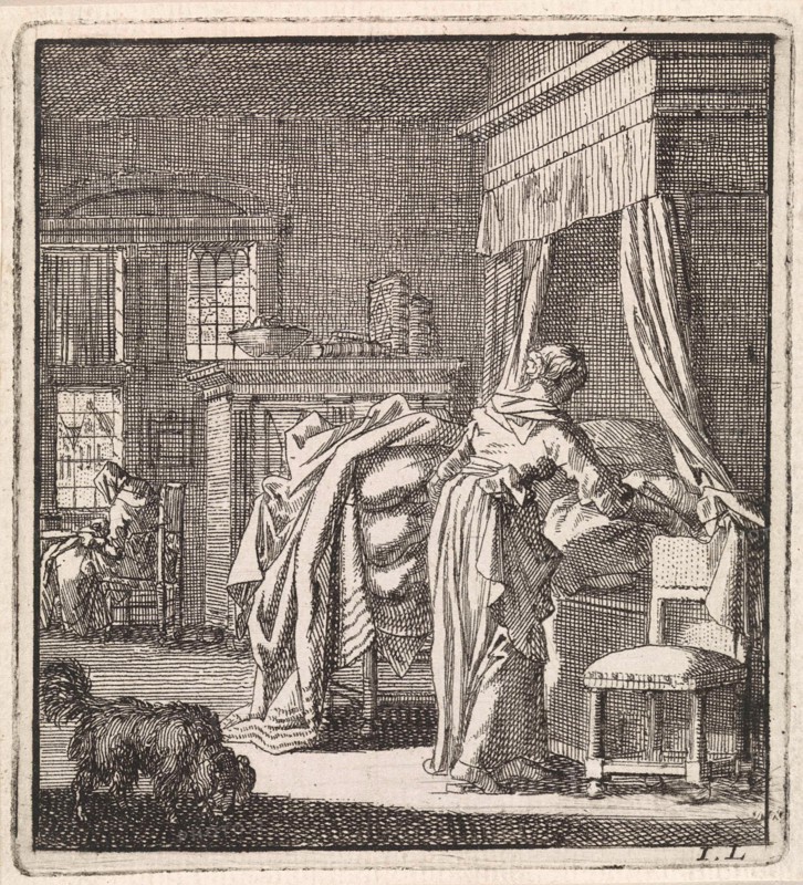 Woman collects a bed sheet, Jan Luyken, wed. Pieter Arentsz & Cornelis van der Sys (II), 1711